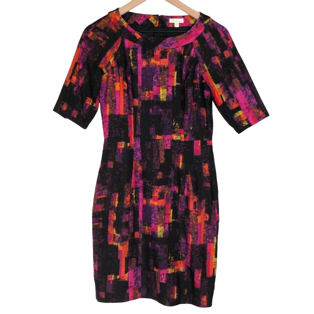 SHOSHANNA Cotton Silk Midi Sheath Dress Sz 4 Black Pink Orange Abstract S/S